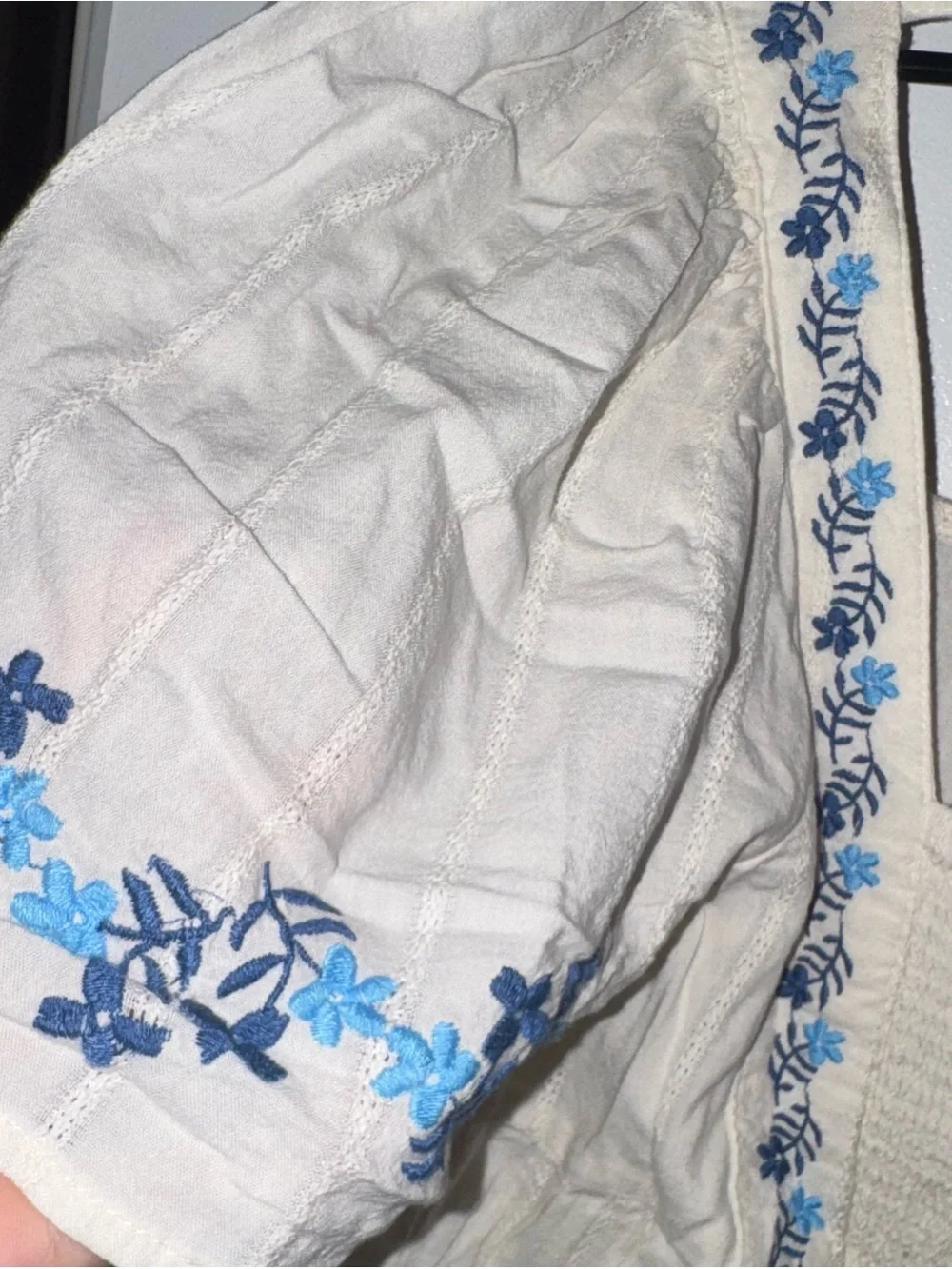 Old Navy Cream Peasant Blouse with Blue Embroidery